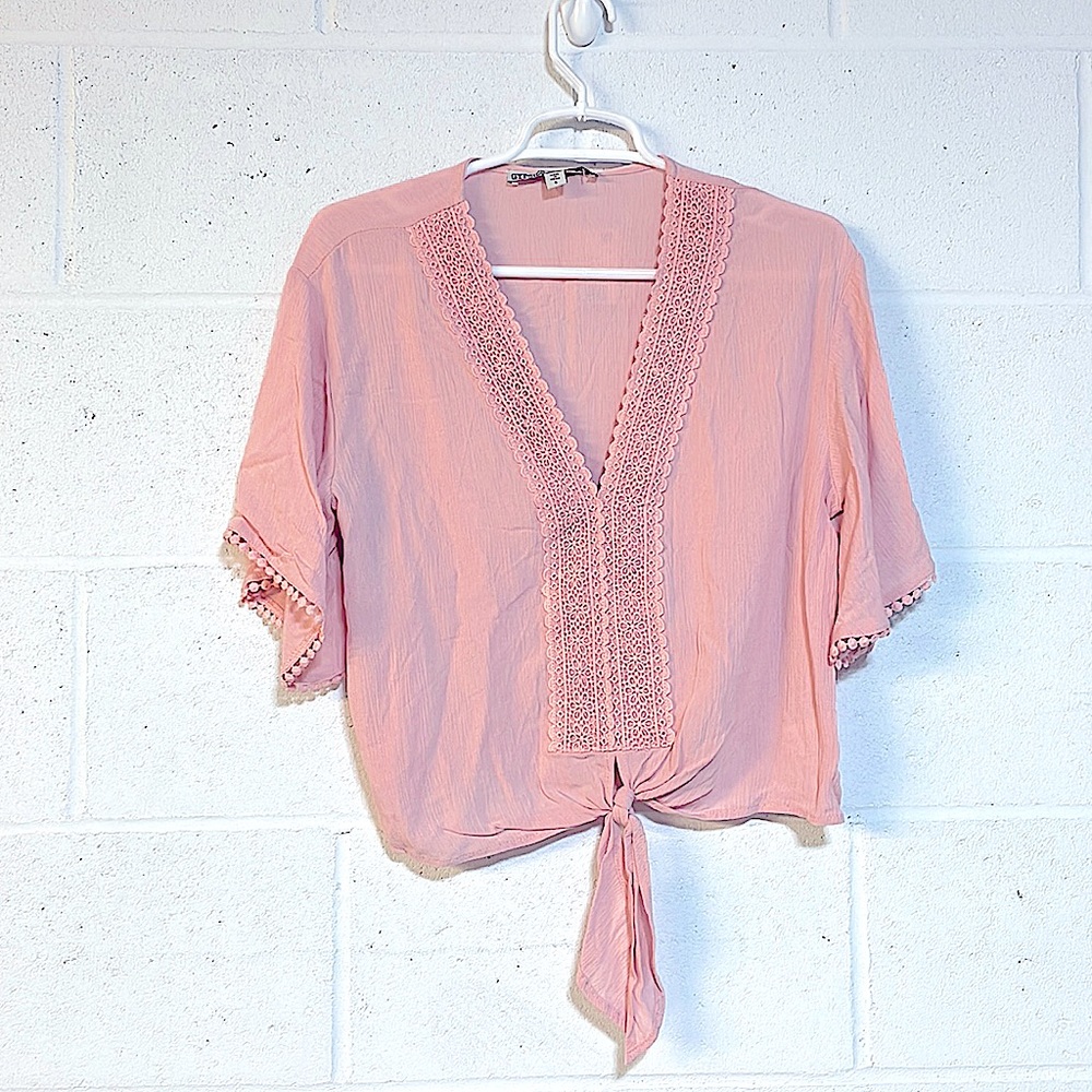 NWT blush pink top shirt sleeve Pom Pom embroidery detail deep V tie front S
